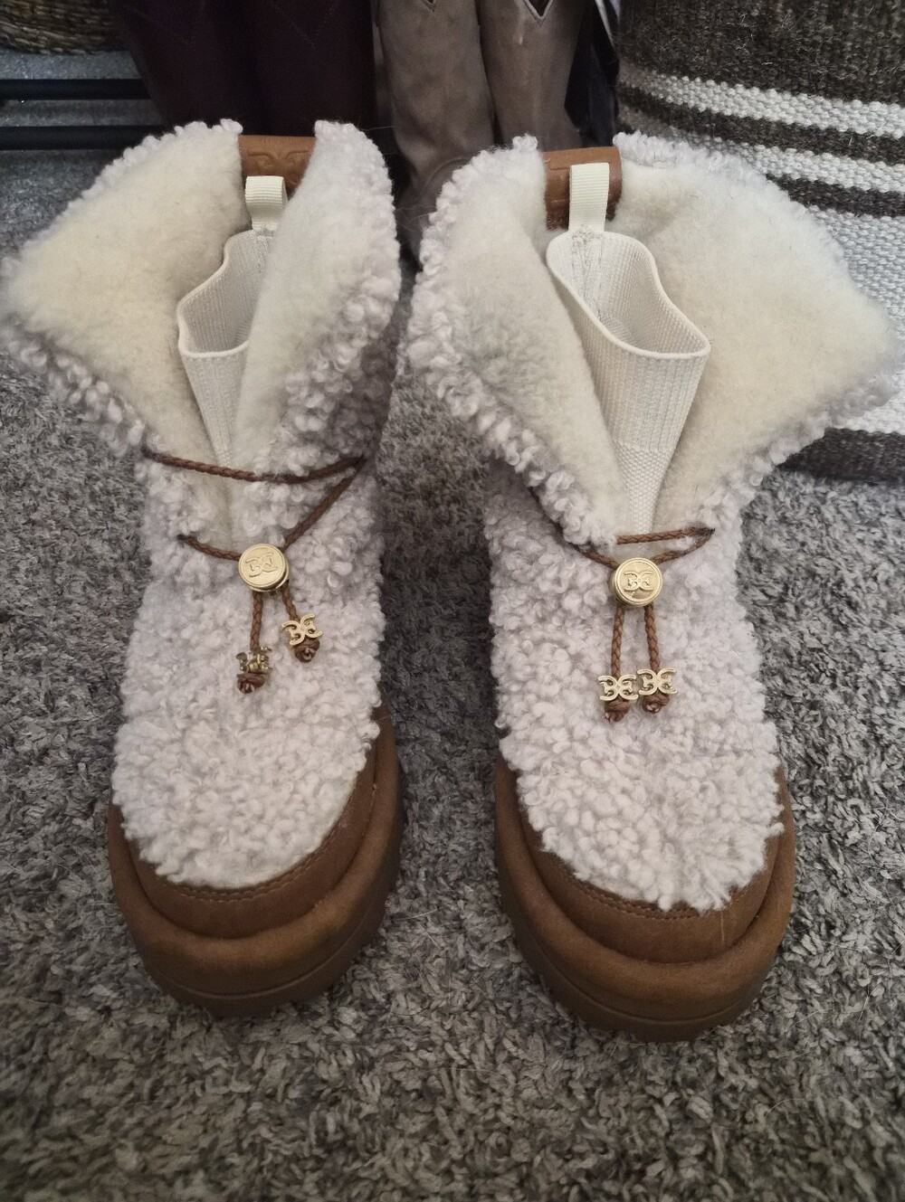 Sam Edelman Shearling-Trim Women’s Ankle Boots in Cream and Brown